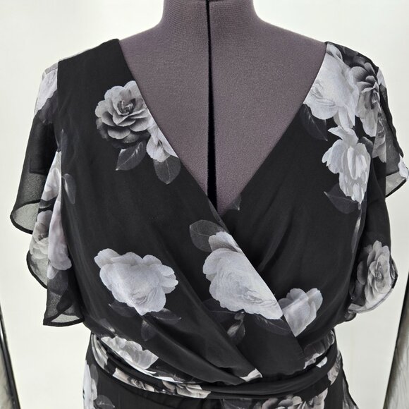 616-33 City Chic Black & Gray Roses Tiered Plunge Maxi dress Size 20 - Picture 2 of 12